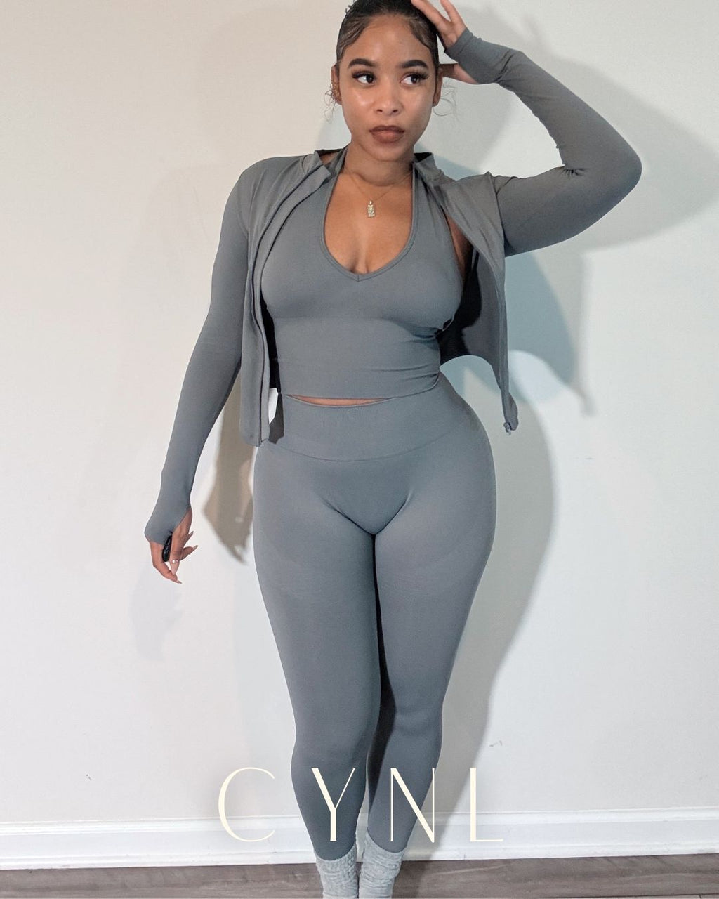 THE STORI DELUX SET 3PC SET-**WITH SHORTS**  (JACKET + CROPPED TANK + HIGH WAISTED LEGGING)