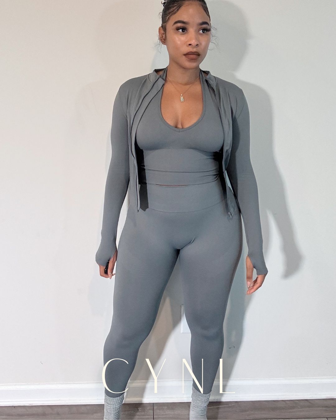 THE STORI DELUX SET 3PC SET-**WITH SHORTS**  (JACKET + CROPPED TANK + HIGH WAISTED LEGGING)