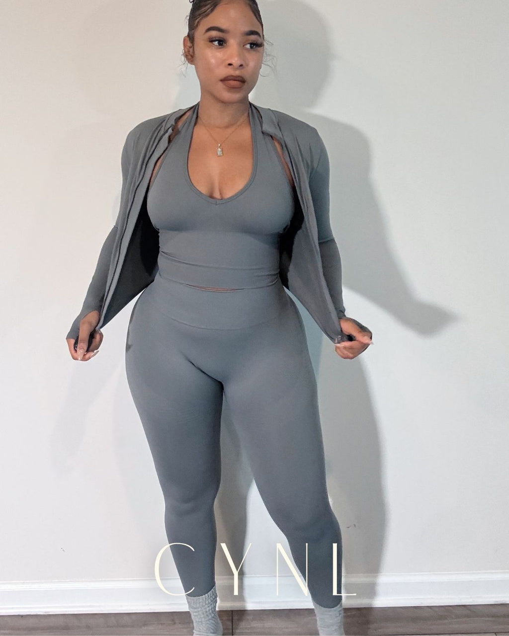 THE STORI DELUX SET 3PC SET-**WITH SHORTS**  (JACKET + CROPPED TANK + HIGH WAISTED LEGGING)